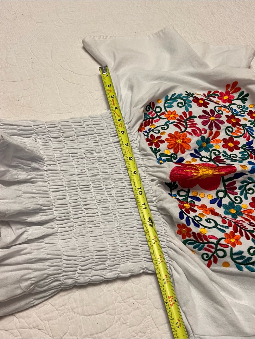 Embroidered blouse, peasant, floral, mexican blouse, hand made White smoked S /M - Picture 7 of 9